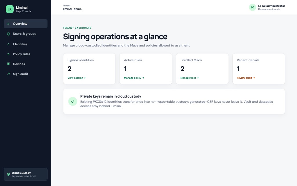 Liminal Keys Console overview: signing identities, rules, enrolled Macs and denials
